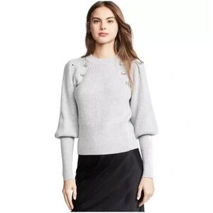 Veronica Beard Jude Crystal Button Merino Wool Sweater Gray Puff Sleeve